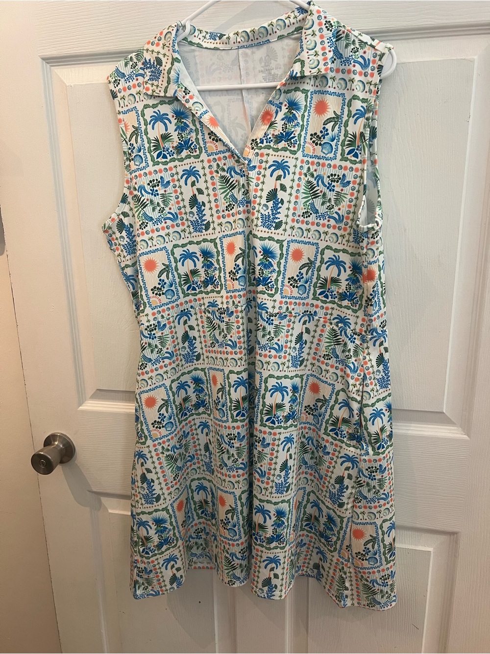 Emerald Sleeveless Collared Midi Dress in White, Blue, Green, Orange